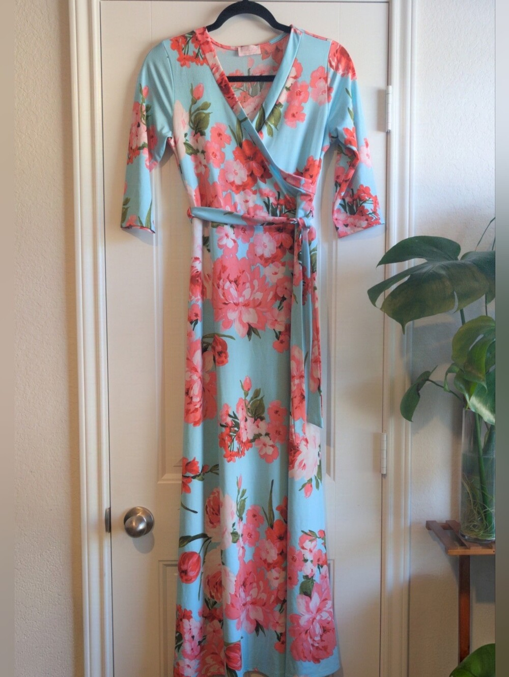 Pink Lily Floral Wrap Maxi Dress in Aqua and Coral